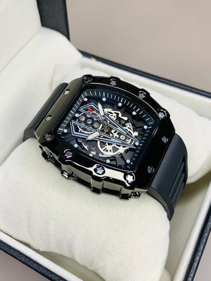 Title: Luxury Skeleton Dial Sports Watch – Black Edition